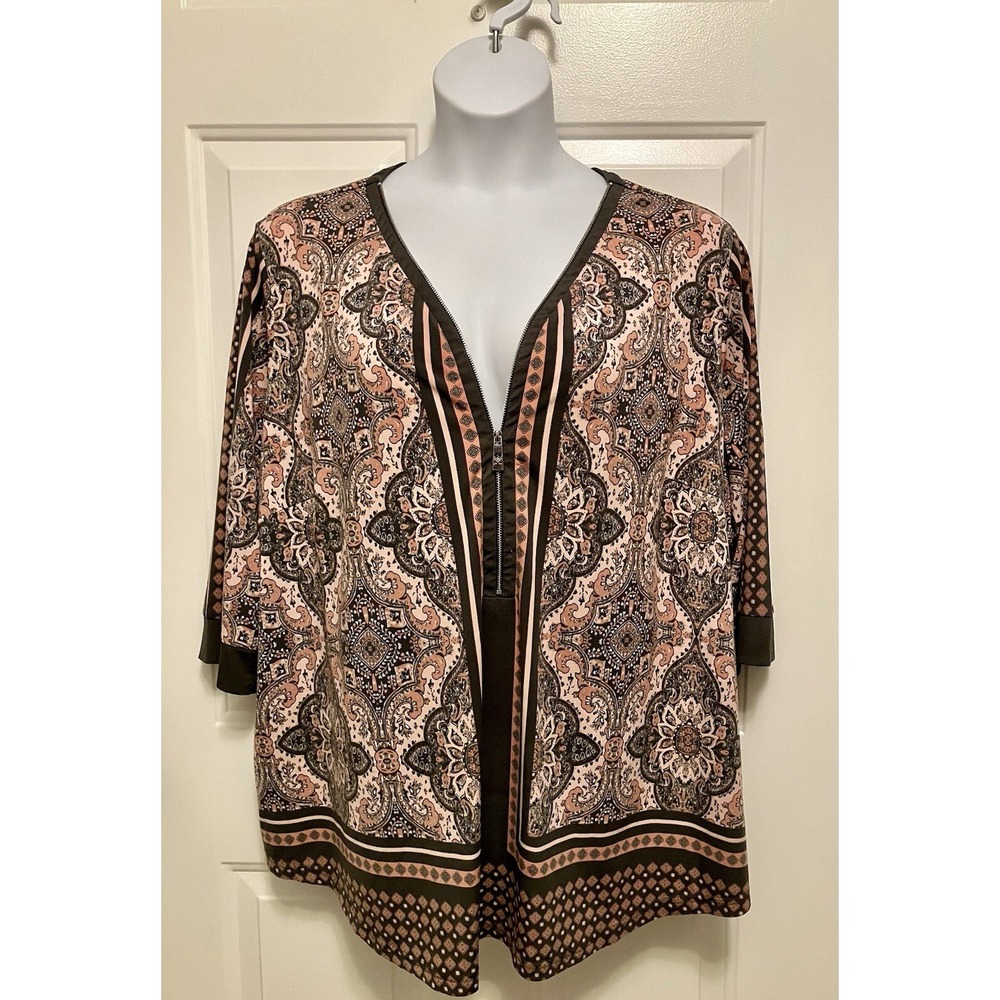 Belle by Kim Gravel Womens Pink Gray Paisley Knit Blouse Plus Sz 3X Art To Wear